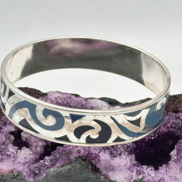 Brighton Blue Enamel Scroll Bangle Bracelet Silver Plate 2.5” Diameter - Picture 1 of 10
